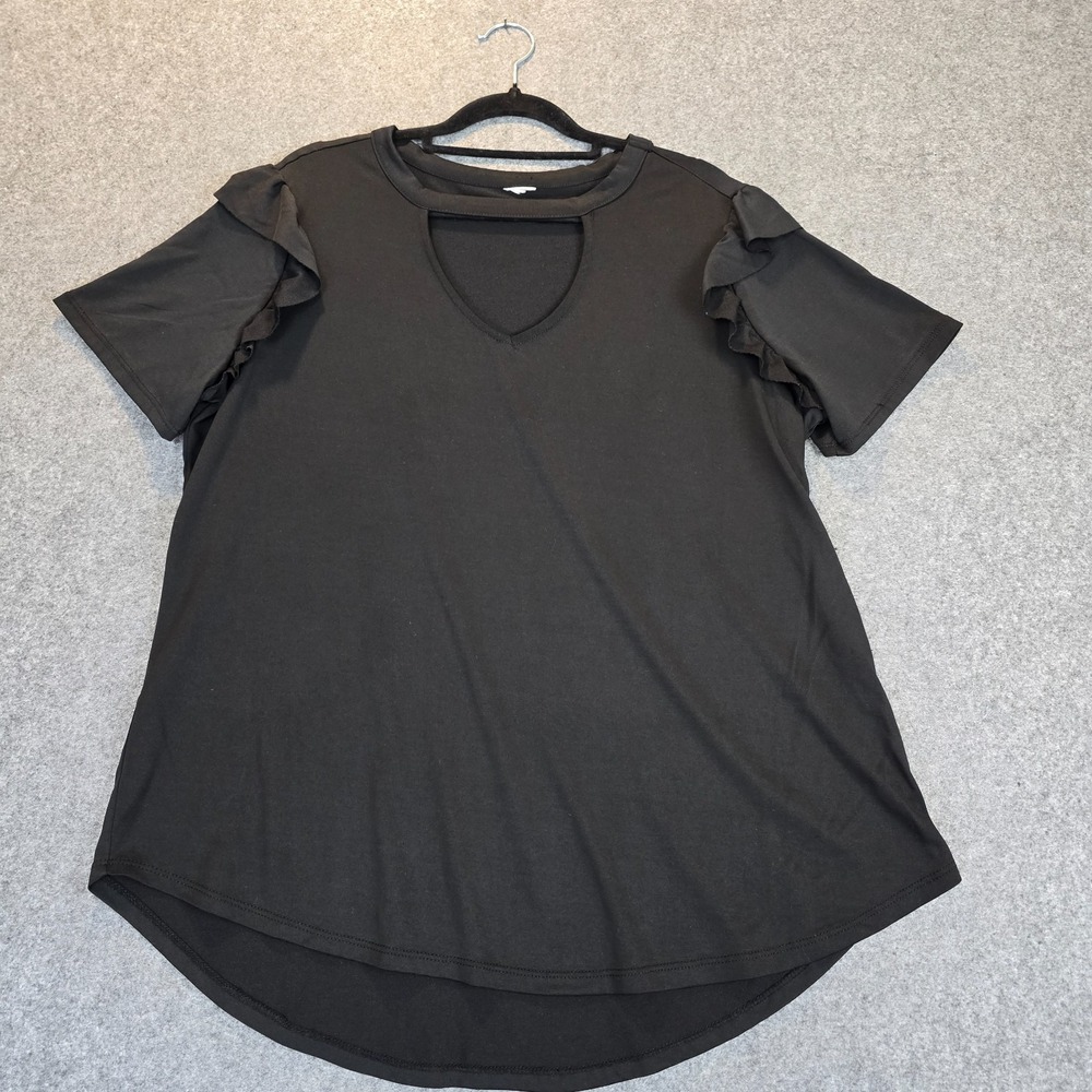 Terra & Sky Gigi Ruffle Short Sleeve Tunic Top Womens 14W Black Soot Keyhole